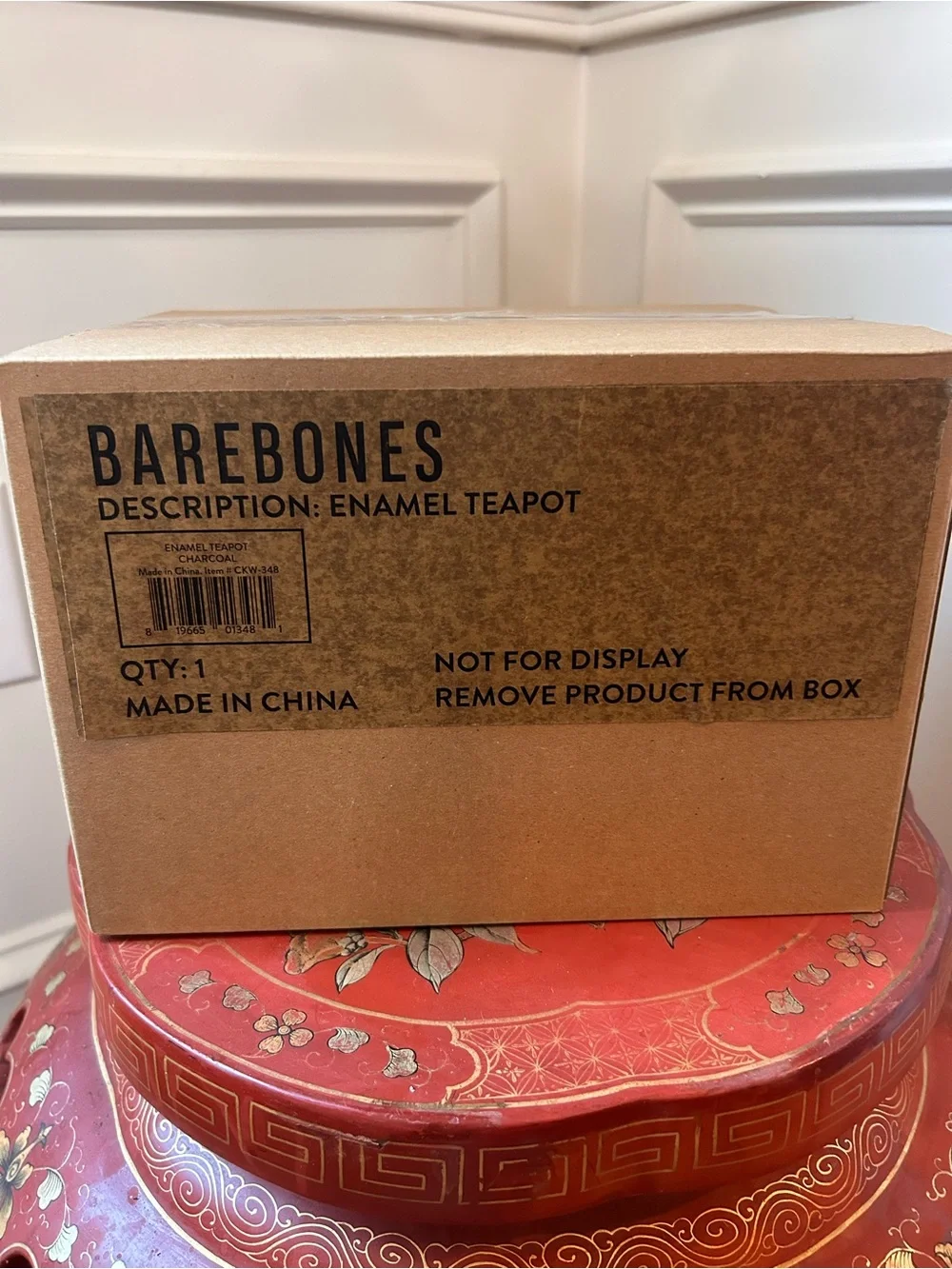 Barebones Charcoa Enamel Teapot with Wooden Handle - Elegant Home Kitchen Kettle